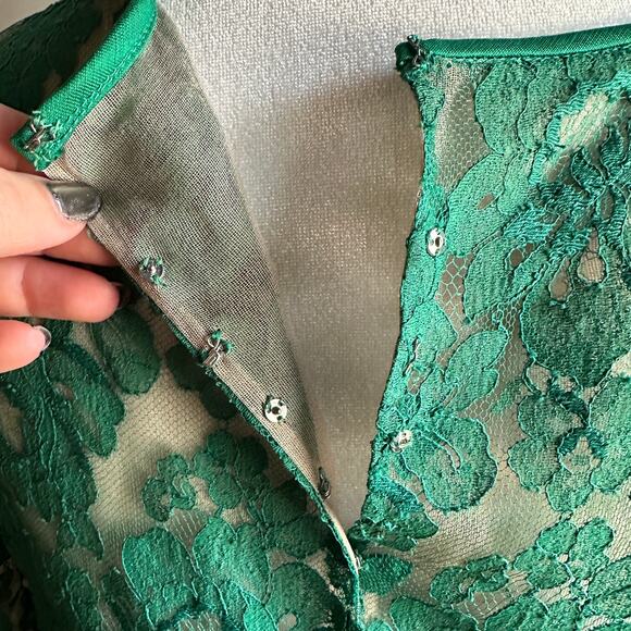 50's VINTAGE | Wayne Fuller Emerald Green Silk Sheath Dress Lace | Approx Sz 10 - Picture 10 of 12